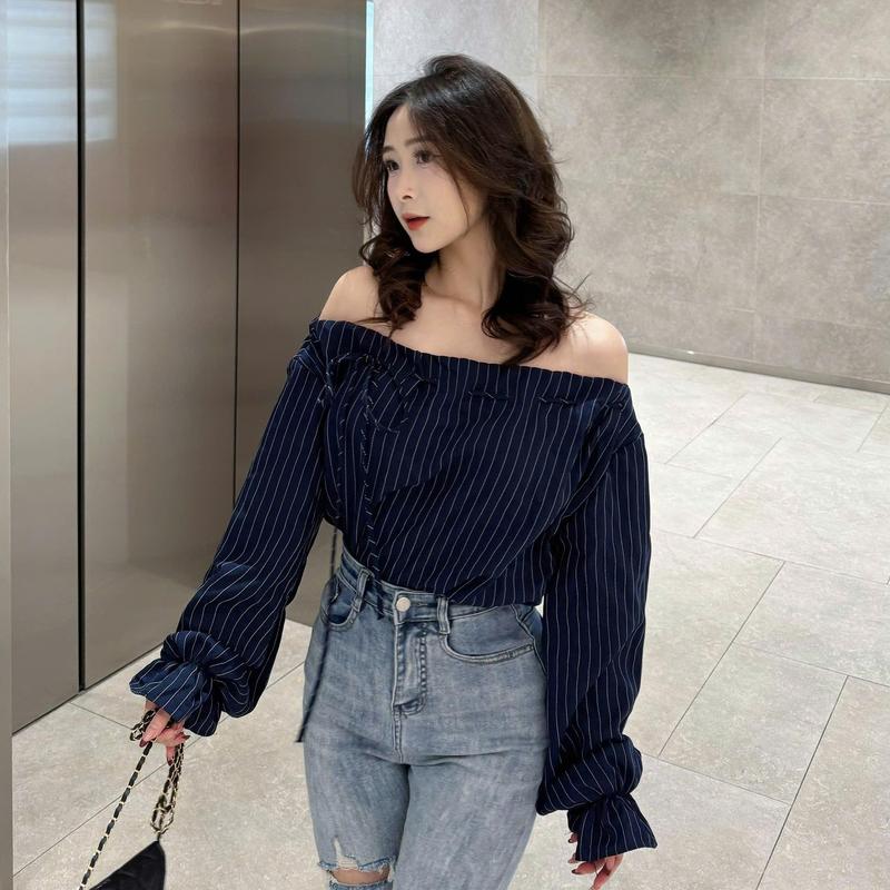 [DEAL MỞ BÁN] Áo sơ mi trễ vai kẻ sọc, Áo sơ mi nữ phối rộng rãi phong cách thời trang cá tính AOT208
