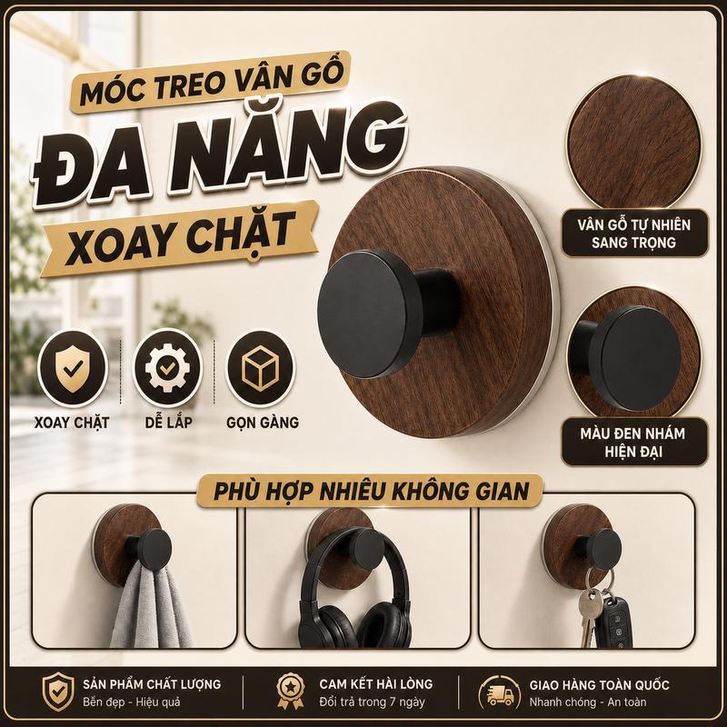 Móc Cốc Hút, Thiết Kế Vân Gỗ Quả Óc Chó, Lắp Đặt Không Cần Đục Lỗ, Chịu Lực…
