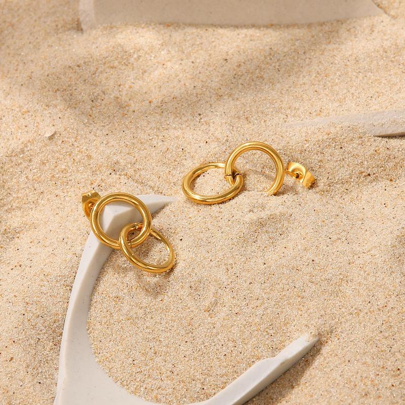 Product Introduction of European and American Ins Style Titanium Steel Hoop Earrings Women's Stainless Steel Double round Ring Pendant Earrings Geometric Earrings Jewelry 4