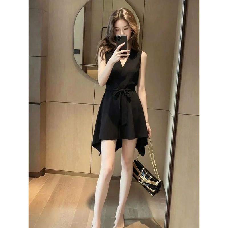 Đầm liền dáng ôm chiết eo cổ V phong cách Pháp kiểu Hepburn màu đen, thanh lịch, trẻ trung, dễ phối, đơn giản, thời thượng, dành cho nữ mùa hè