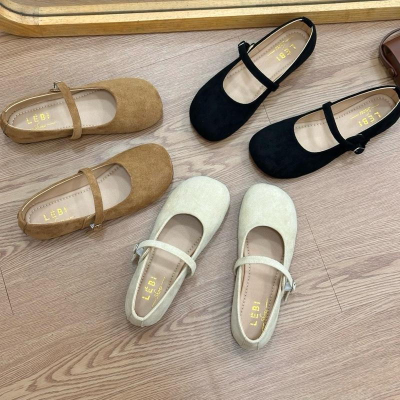   Form 1.5  ĐẾ DẺO Giày búp bê mũi tròn trơn basic da lộn phong cách nữ sinh giày bệt đế cao su mềm 