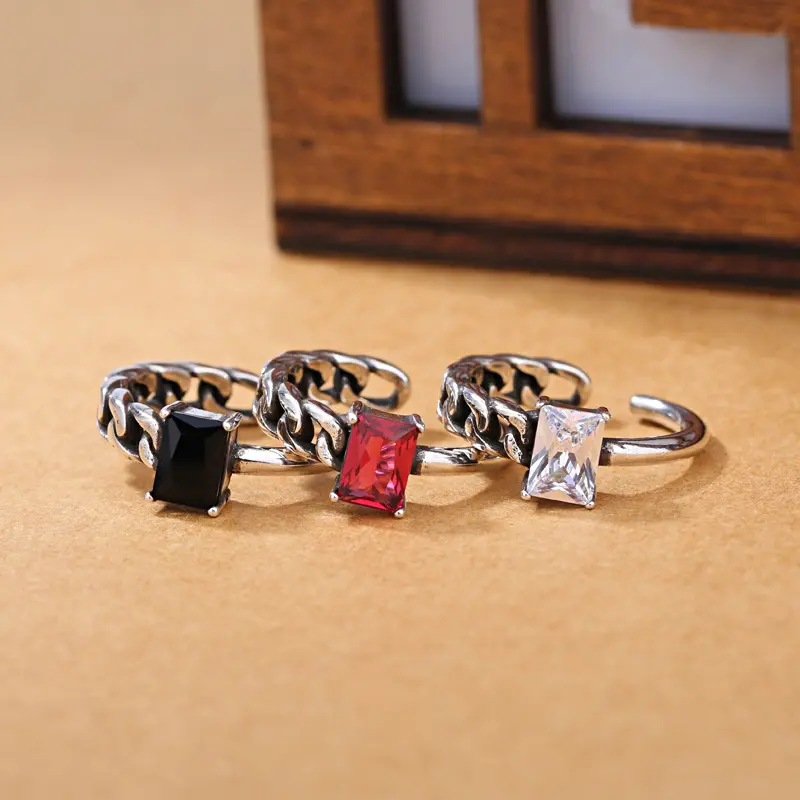 Open Onyx Ring Black Crystal Vintage Thai Silver Korean Asymmetrical Ring Plain Silver Antique Silver Jewelry