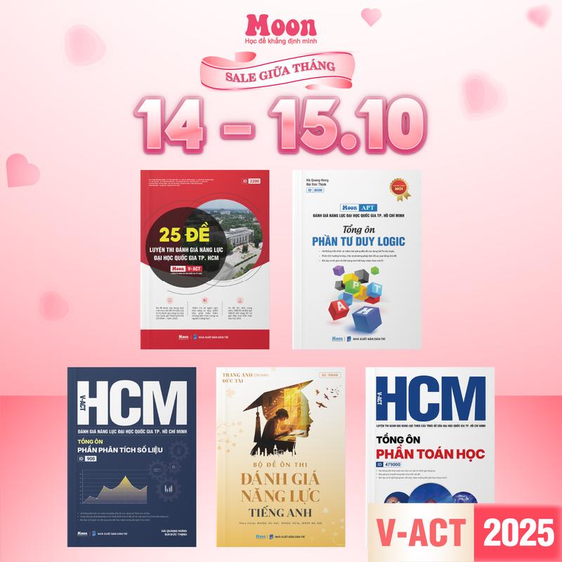 Sách ĐGNL hcm 2025, ôn thi đánh giá năng lực ĐHQG Hồ Chí Minh cho 2k8 Moonbook