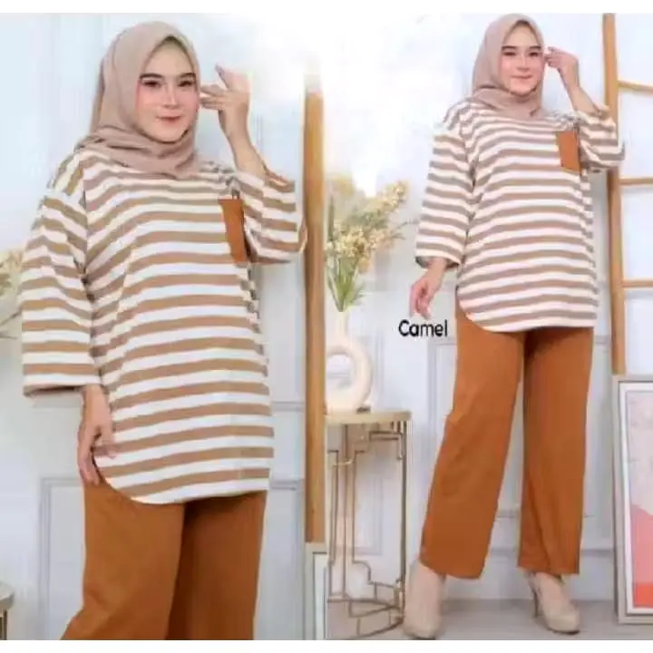 One Set Wanita Terbaru Motif Salur Celana Karet Wanita Setelan Baju Basic Panjang