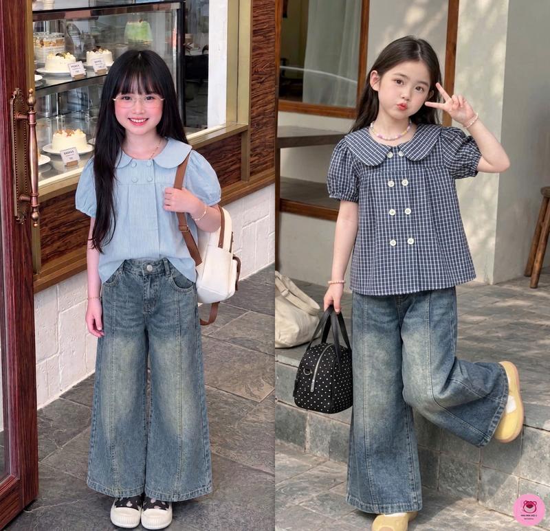 (24-60kg) Set áo thô KẺ SỌC tay bồng phối quần jean ống xuông cho bé gái diện đi học, đi chơi - MM31