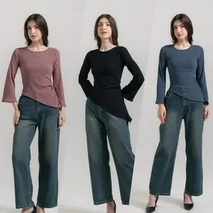 Atasan knit (Bodycon) knit wanita slim fit lengan lonceng bahan knit premium Casual Dewasa Baju Panjang Knitwear Nyaman Basic Lembut Top Pendek