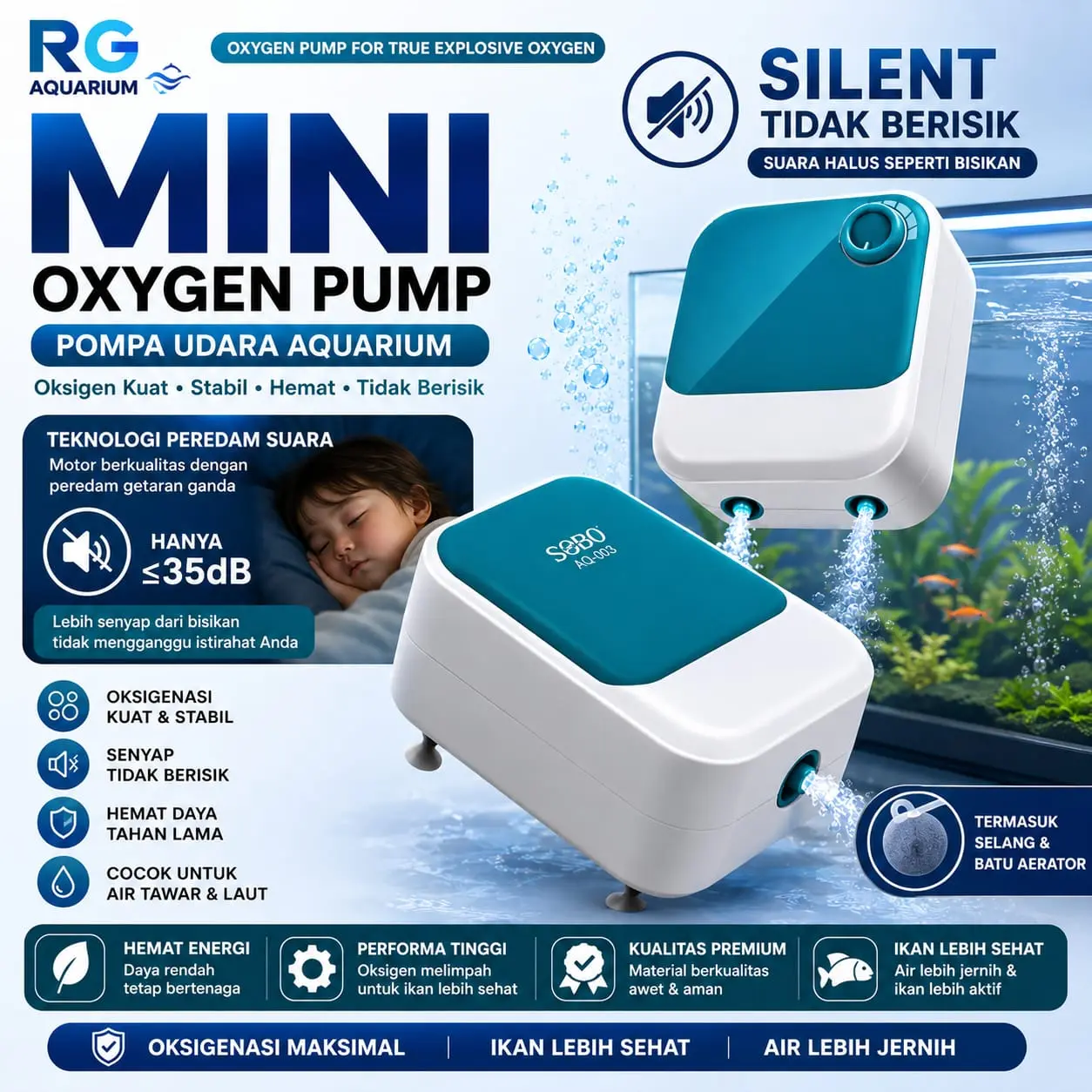 Pompa udara Amara Sobo AQ 003 005 aerator silent aquarium oxygen air pump