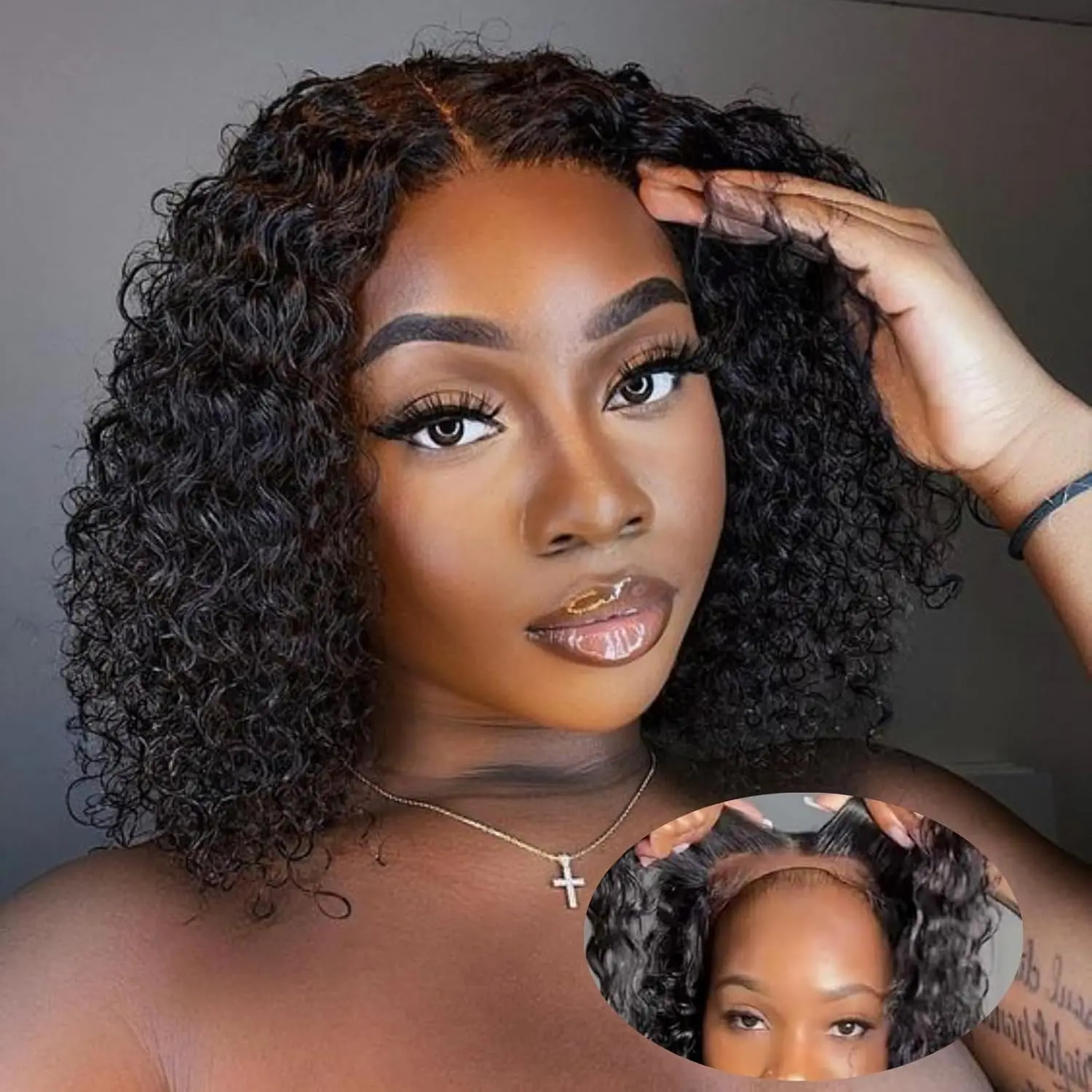 Wear and Go Glueless Wigs Human Hair Pre Plucked Pre Cut Deep Curly Bob Wigs Human Hair for Black Women No Glue Lace Front Wigs for Beginners Short Curly Bob Wig 10 Inch