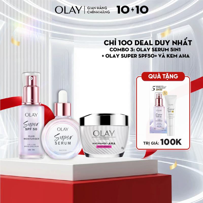 Combo OLAY Serum 5in1 + Olay Super SPF50+ Và Kem AHA – Hỗ Trợ Sáng Da, Giảm Mụn, Mờ Thâm, Tái Tạo Da