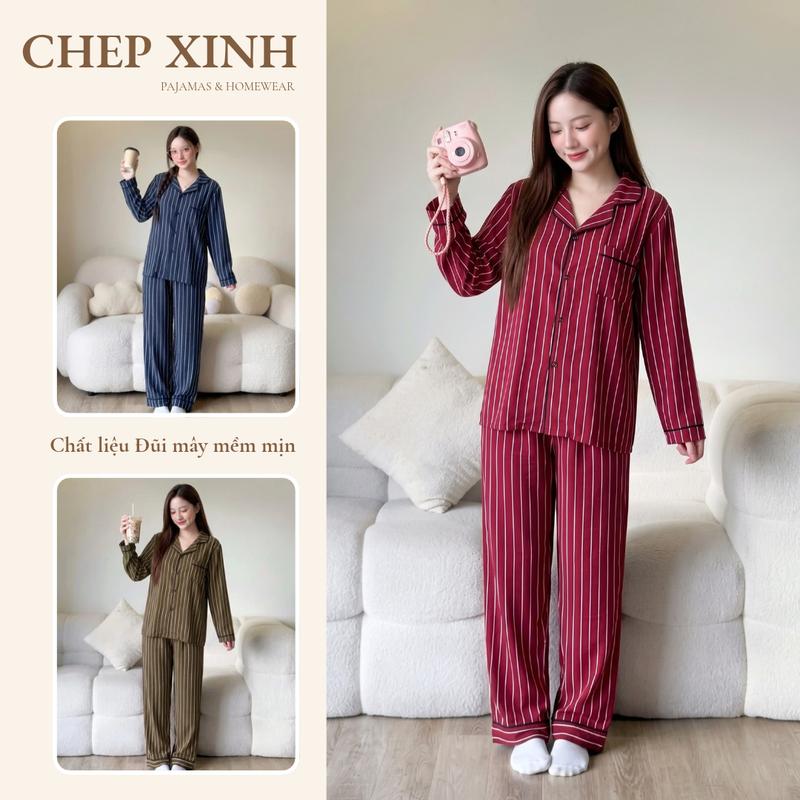 Bộ pijama tay dài họa tiết sọc chất đũi mát mịn, đồ ngủ mặc nhà dài tay trẻ trung tôn da B59-S