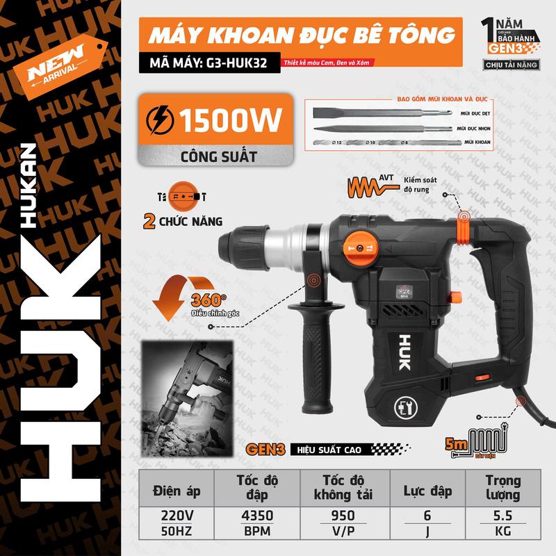 Máy Khoan Đục Bê Tông Hukan G3- HUK32 1500W – 2 Chức Năng Khoan & Đục Tặng 2 Mũi Đục + 3 Mũi Khoan Bảo Hành 12 Tháng