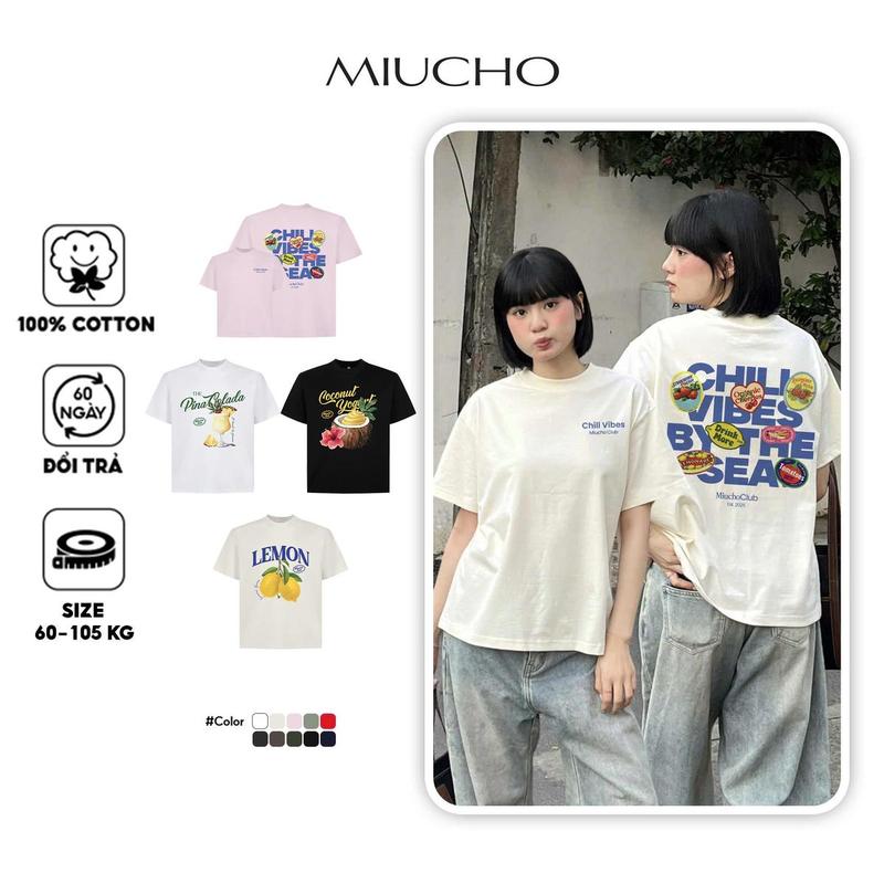 Áo thun boxy chill vibes 2104 Miucho cổ tròn vải cotton 2c 240gsm đứng form in mix