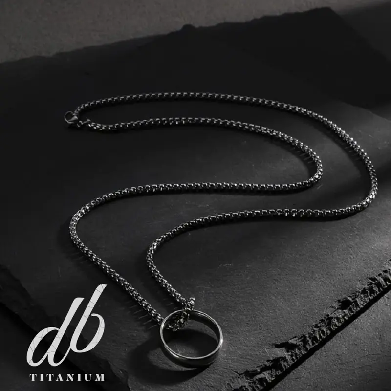 Kalung Titanium Model Rantai Liontin Cincin Black Edition - Bahan Tahan Karat Tidak Luntur - Aksesoris, Elegan Hitam 0