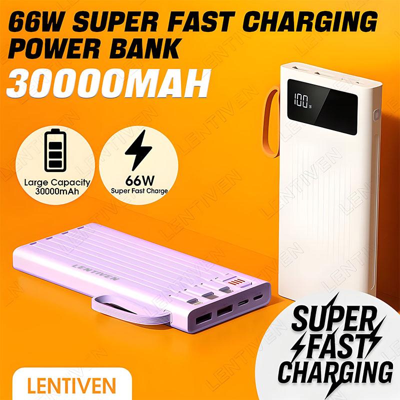 LENTIVEN Powerbank 30000 mAh Mini with 4 Kabel Data Usb Fast Charging PJ57