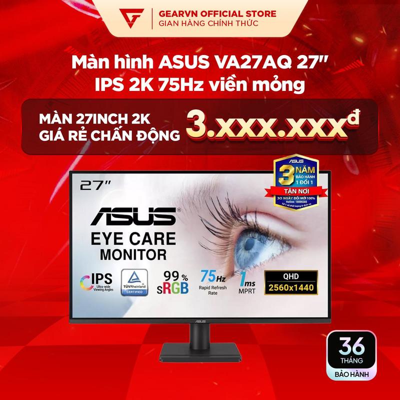  ASUS Màn hình VA27AQ 27 inch IPS 2K 75Hz viền siêu mỏng 350cd m2 16.7 triệu màu Eye Care+ Technology QuickFit HDMI DisplayPort 1.2 x 1 