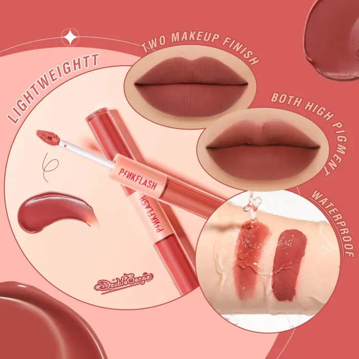 PINKFLASH 2 In 1 Dual-ended Matte Lipstick Liquid Lipstick Velvet Tint Duo Liquid Lipstik Ombre Tahan Lama 2
