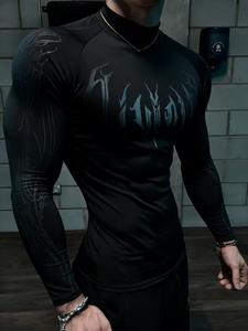 Camiseta deportiva de hombre slim fit de manga larga, tejido de poliéster transpirable y de secado rápido, diseño estampado, ideal para correr, fitness y uso casual