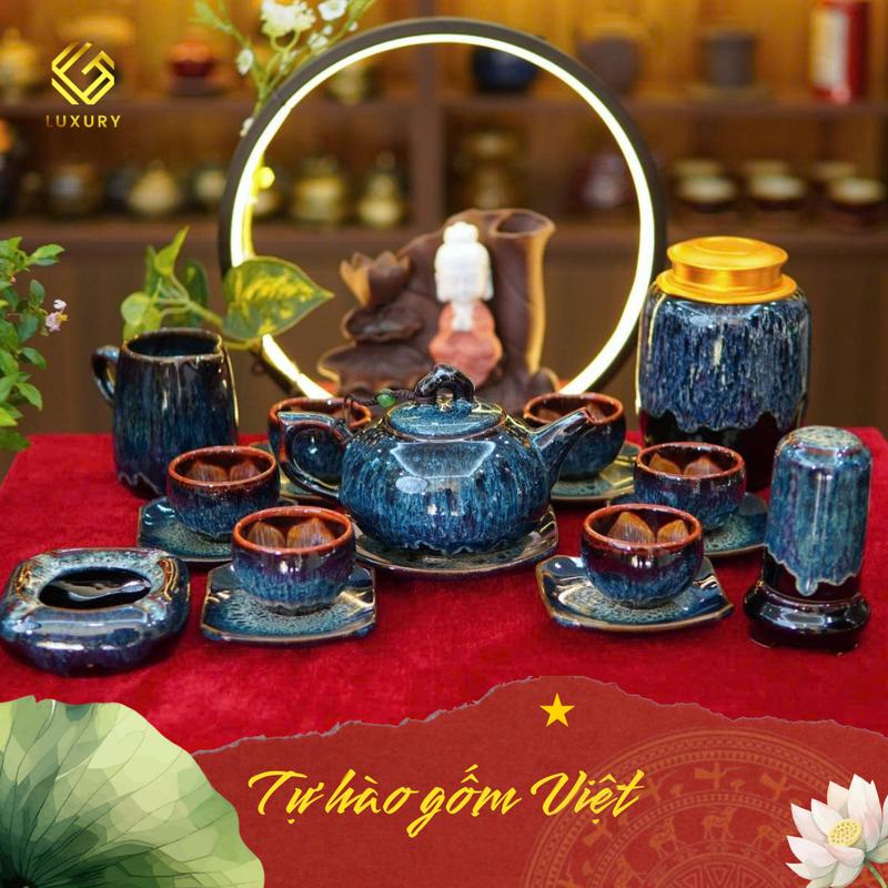 FULL PHỤ KIỆN Bộ Ấm Chén Quả Hồng Cẩm Lai Xanh Tím Nâu Đầy Đủ Phụ Kiện Nghệ Nhân Nguyễn Văn Hải - Ấm chén Bát Tràng - Gốm sứ Luxury