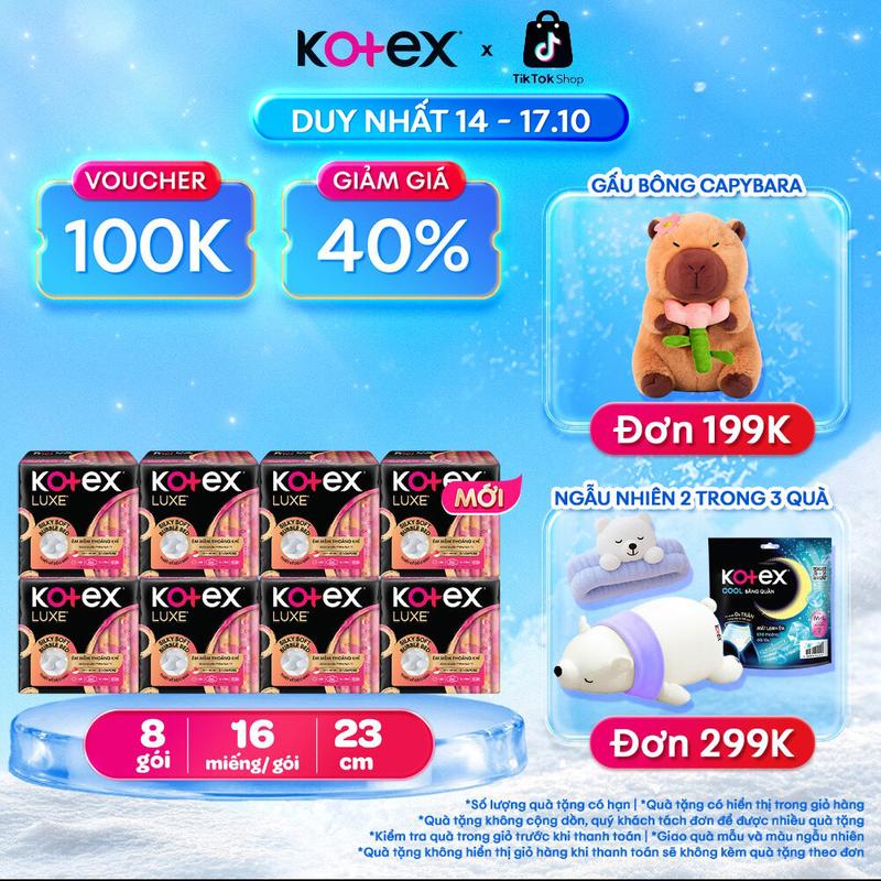 [QUÀ TẶNG HOT] 8 gói băng vệ sinh nữ Kotex Nhập Khẩu Luxe ban ngày 23cm, 16 miếng/gói, Siêu mỏng cánh, Cao cấp, Mặt bông êm mềm, khô thoáng, thấm hút nhanh, chống tràn, bvs kinh nguyệt nhiều, miễn phí vận chuyển, bvs chính hãng, tampon.