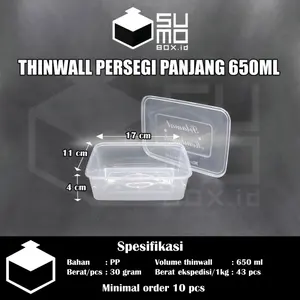 [1 PAK ISI 25 PCS] Thinwall PERSEGI PANJANG 650ml + Tutup / Kotak Makan Plastik 650 ml FREE PACKING