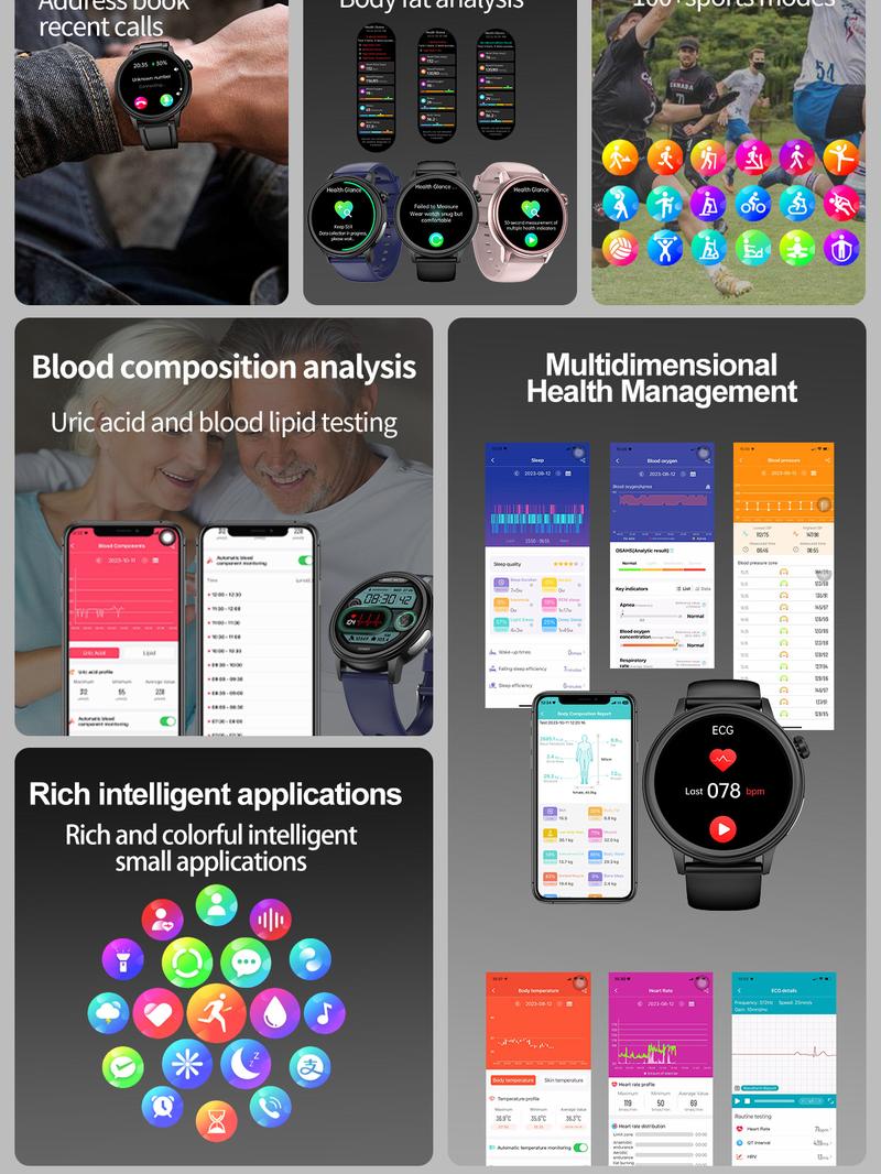 Product Introduction of Jam tangan pintar Non-Invasive Blood Glucose Blood Lipid Uric Acid Smartwatch ECG Body Temperature Blood Pressure Monitoring Untuk Pria Wanita Bluetooth Call Tahan air Bracelet VS ET481 ET310 ET470 4