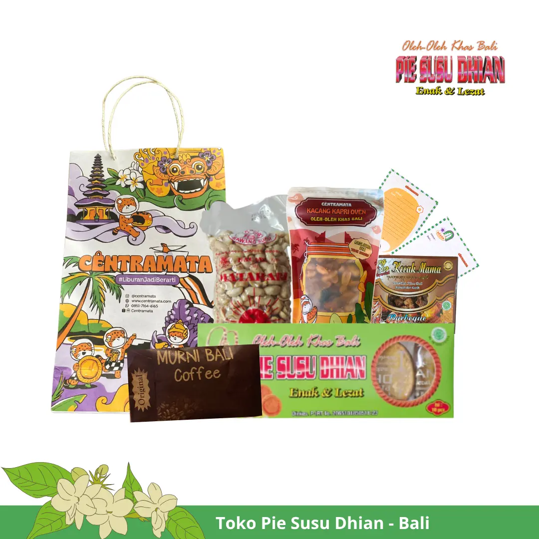 Paket Hampers 01 Oleh-Oleh Bali [Pie Susu Dhian isi 10pcs  - Kopi Murni Bali 80gr  - 125gr Kacang Oven Kecak Mama  - 250gr Kacang Bawang Matahari  - 2 Kacang Disko Kotak 50gr  - Paperbag + Kartu Ucapan]