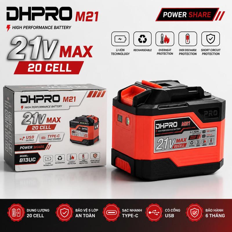 Phụ kiện 20 Cell DHPRO B13UC Có Cổng USB Và TYPE-C, Pin Dung Lượng Cao Có Đèn…
