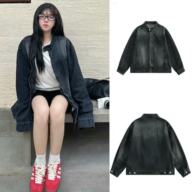 Áo Khoác Jeans Denim Cổ Tàu Dây Kéo Cúc Bấm Có Túi Trong Form Suông Nam Nữ Unisex Cổ Trụ Top nhận làm theo yêu cầu