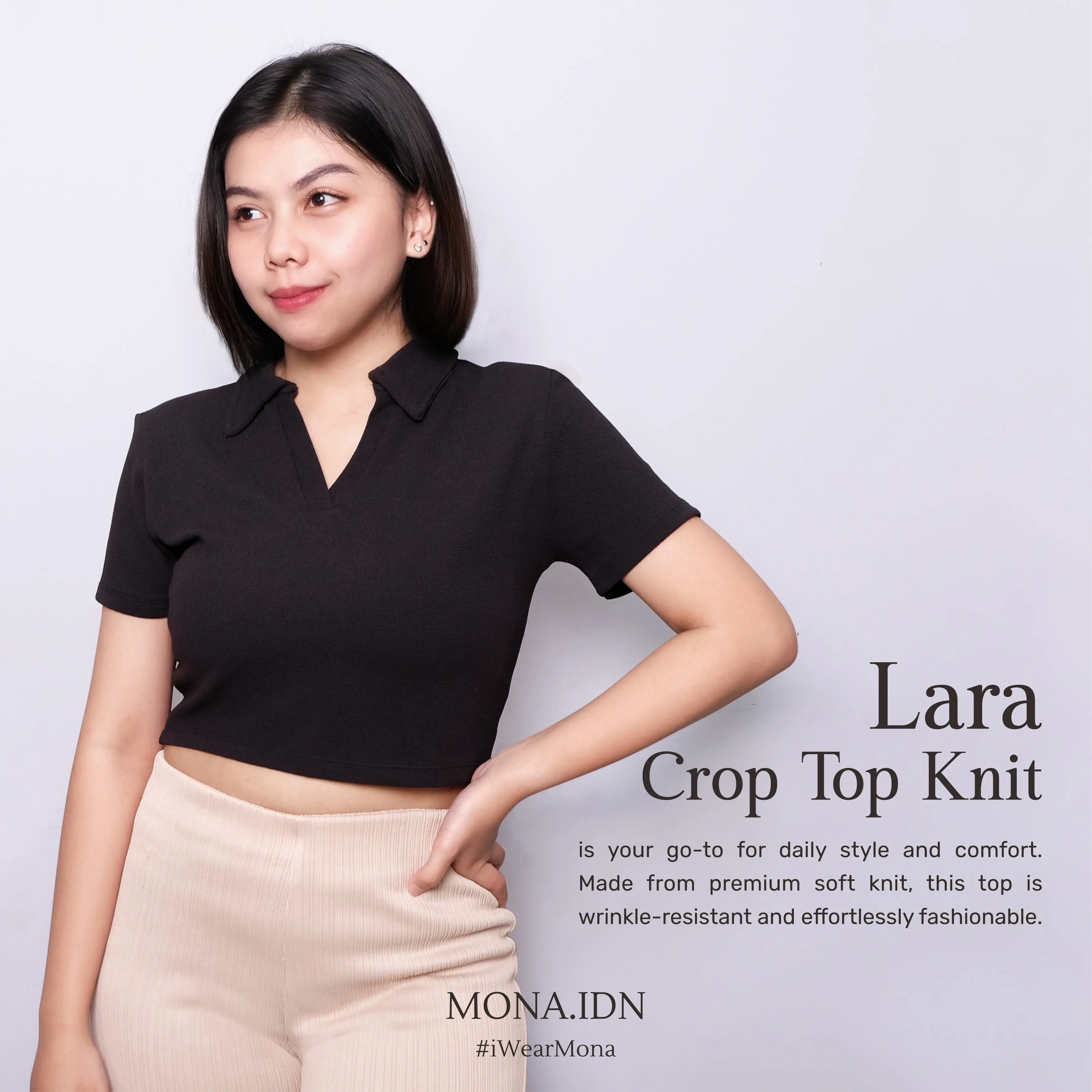 MONA - Lara Kaos Crop Top Knit Polo Shirt Tangan Pendek - Baju Wanita Lengan Pendek Anti Kusut dan Stretch Knitwear