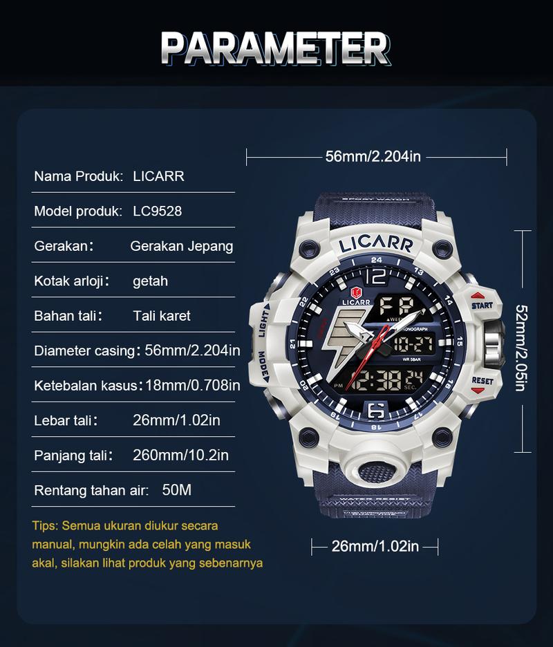 Product Introduction of LICARR Jam Tangan Pria Olahraga Analog-Digital Fashion Tahan Air Santai Kuarsa Jam Tangan Cowok Original Merek Stopwatch 9528 42
