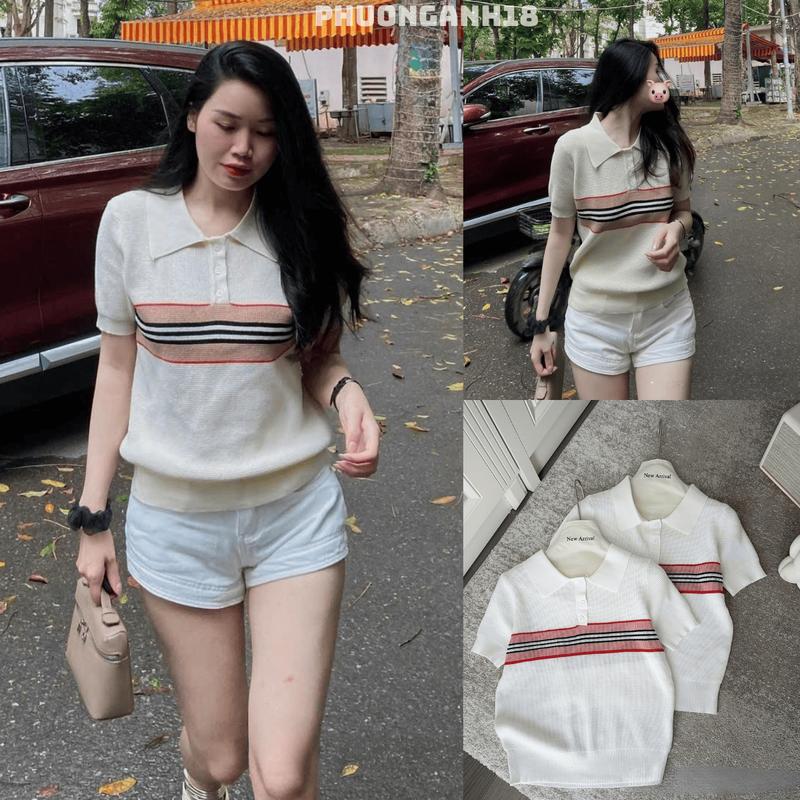 [Sẵn] Áo len polo cổ bẻ cộc tay phối kẻ ngang hàng QC 632