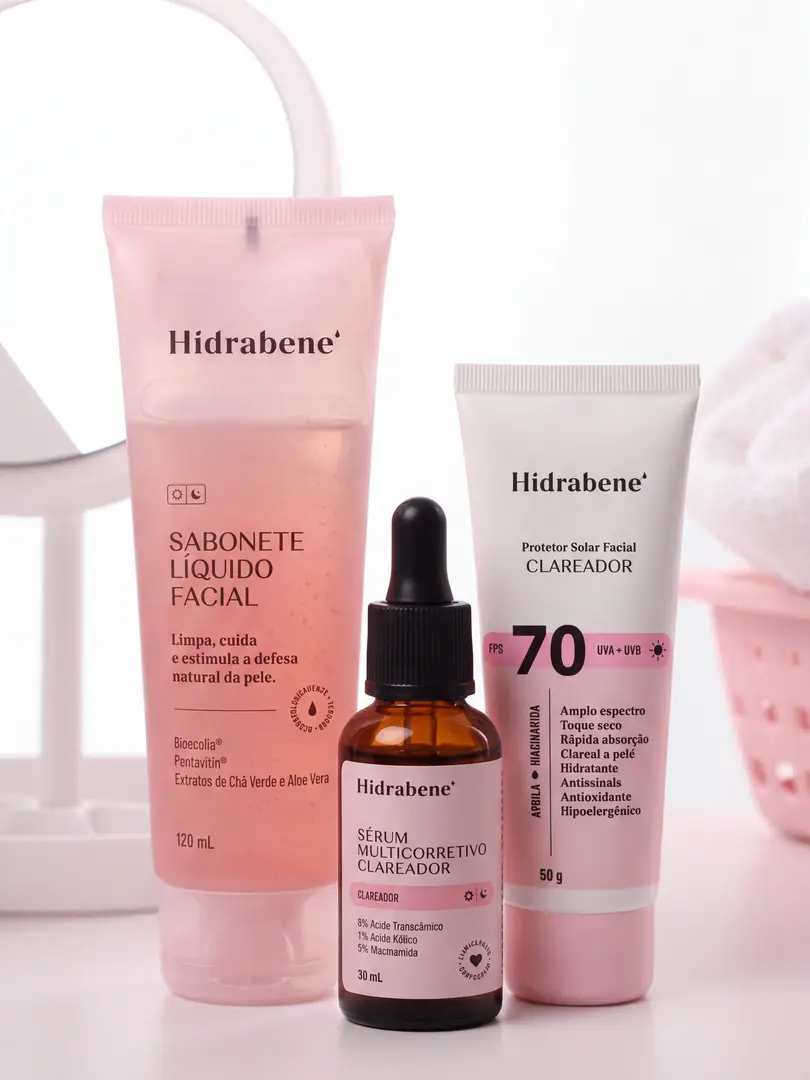 Kit Clareador Facial - Protetor Solar Facial FPS70 Clareador 50g + Sérum Multicorretivo Clareador 30ml + Sabonete Líquido Facial 120ml