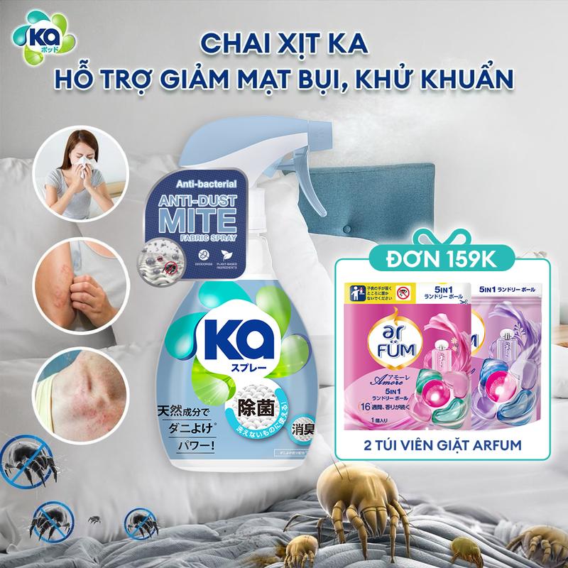 Xịt Mạt Bụi Nhà KA Kháng Khuẩn, Khử Mùi, Ngừa Nấm (320ml/Chai) - Dành Cho Giường, Nệm, Sofa, Rèm Cửa, Nón Bảo Hiểm Làm Sạch
