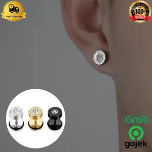 Anting pria tindik bulat kristal zircon tusuk titanium hitam kpop  / anting pria / anting berlian / anting titanium anti karat / anting fashion korea / anting bulat kristal tindik / men earring / anting hitam silver / anting titanium / black earring