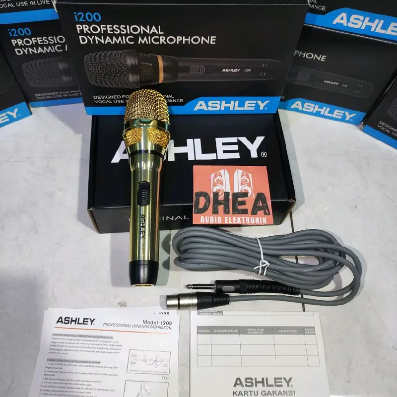 Mic Dynamic Kabel Ashley i200 i 200 Original Mik Vokal Kabel i-200 Ashley Microphone Wire Cable ASLI ORI Ashley Suara Detail Jernih WARNA Gold / Krem Body Mic Besi High Quality 1