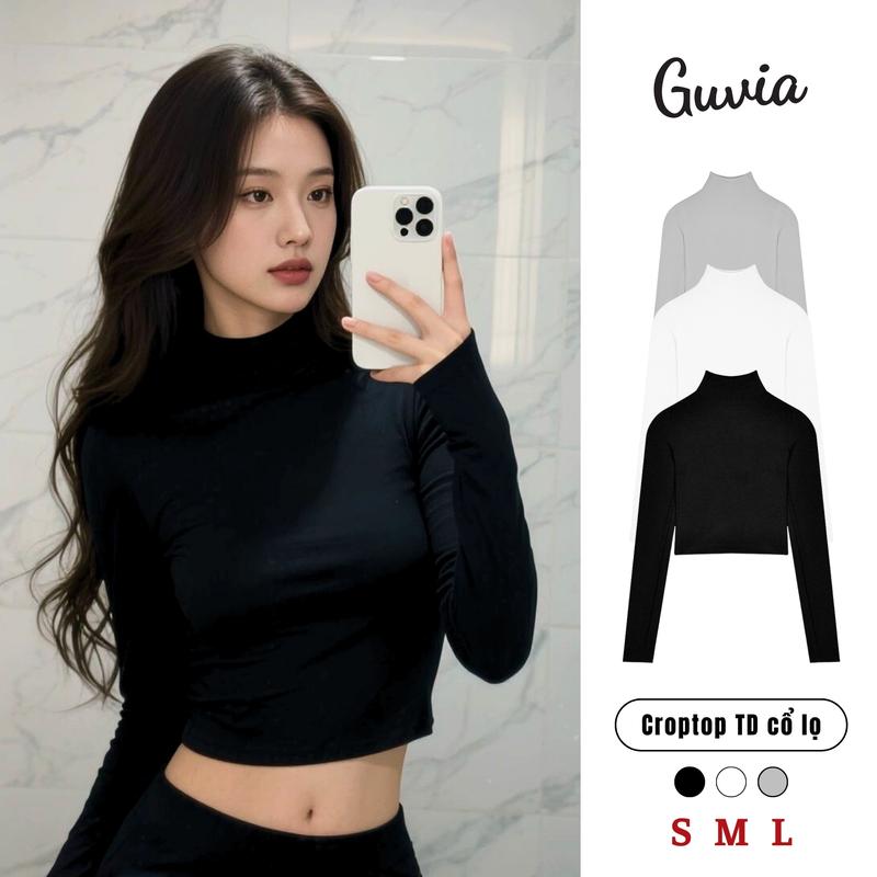   CR28  Áo Cổ Lọ Tay Dài Croptop Ôm Body Chiết Eo Tôn Dáng Áo Thun cổ lọ dài tay croptop thun tăm lạnh 