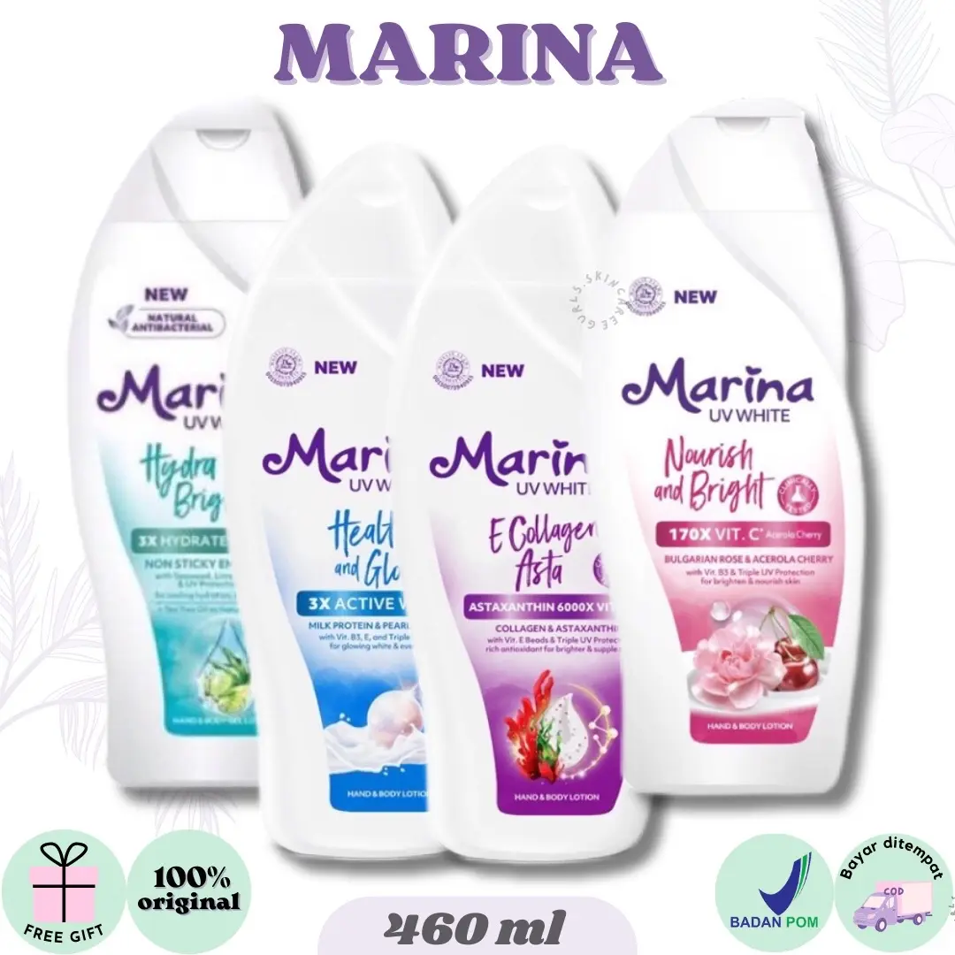 Marina Uv White Body Lotion 460ml (Hydra Bright,Healty Glow,E Collagen Astha ,Nourish and Bright)