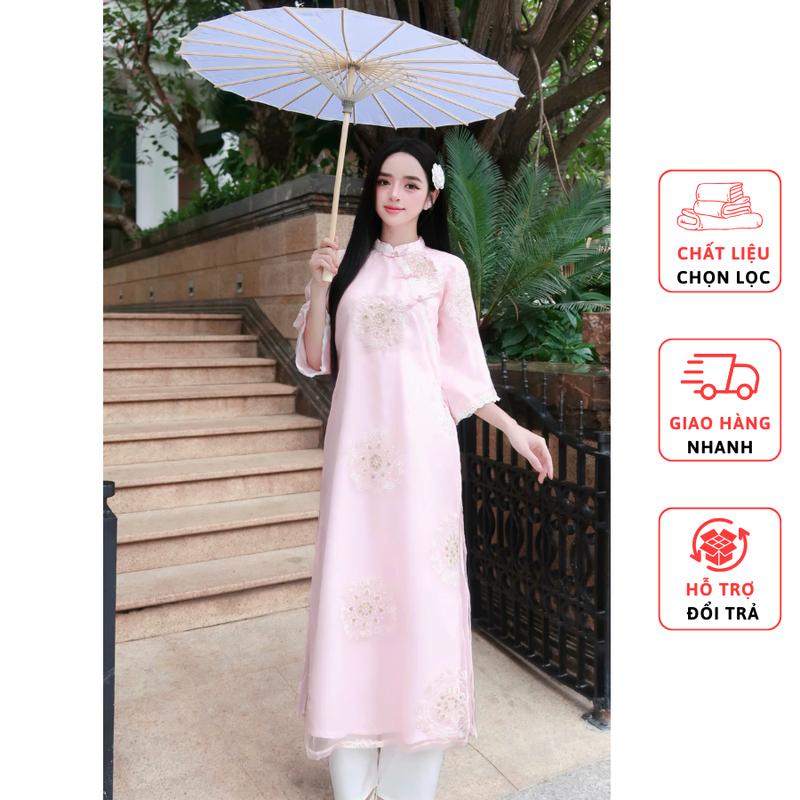  Tisora Sét áo dài Hồng Yên áo dài cách tân dáng suông tay lửng đính nơ phối viền ren + quần lụa 