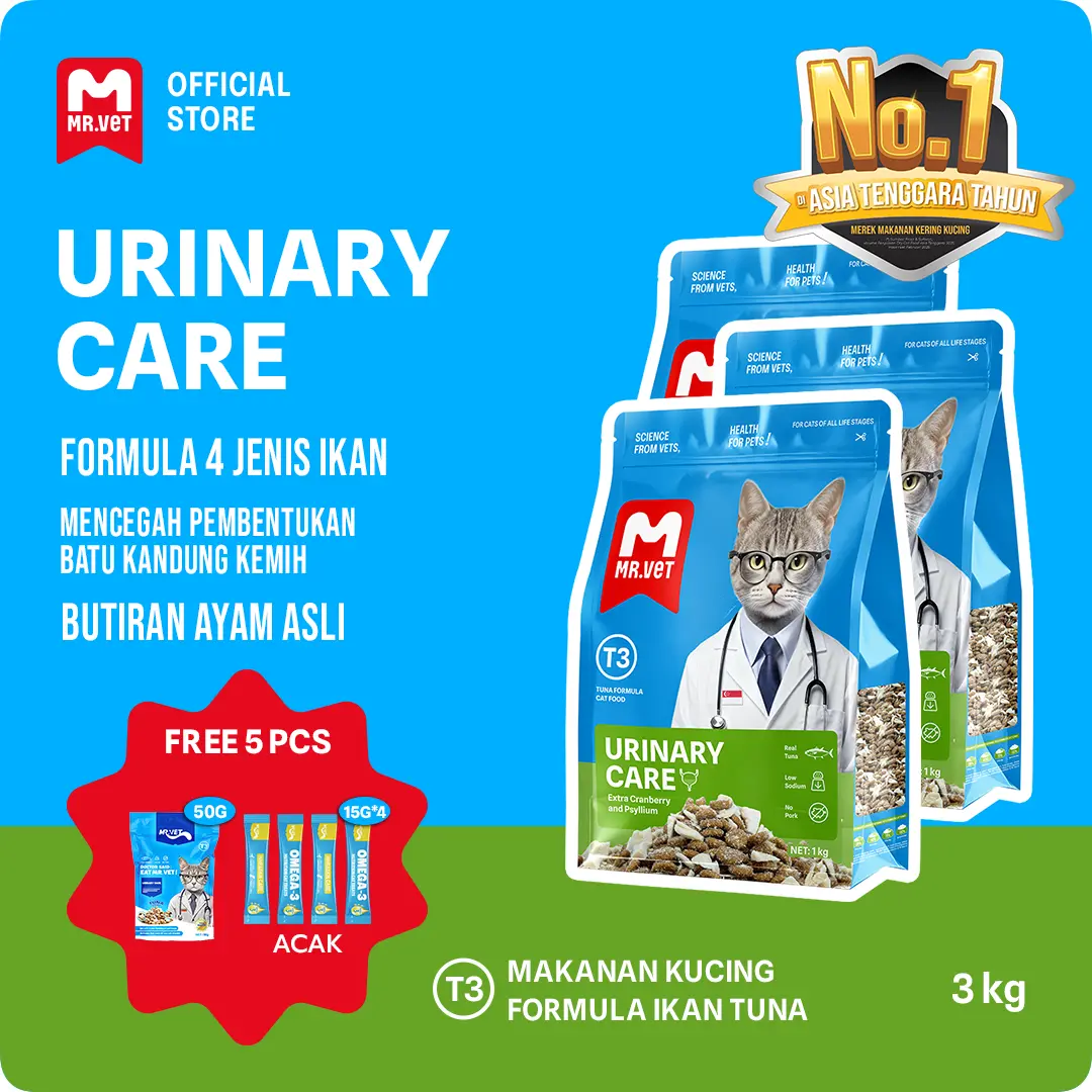 Makanan Kucing Kering Mr. Vet Urinary Care T3 3kg - Formula Pendukung Urin dirancang dengan kandungan magnesium yang lebih rendah dari biasanya untuk mendukung kesehatan saluran kemih.【GM】