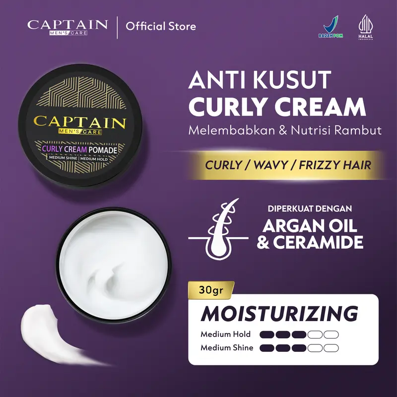 Captain Men's Care Curly Cream Pomade 30gr / Pomade Pria / Medium Hold / Medium Shine / Moisturizing / Melembabkan Rambut / Membuat Rambut Ikal Kering Menjadi Lembut Berkilau Perawatan Cowok 0
