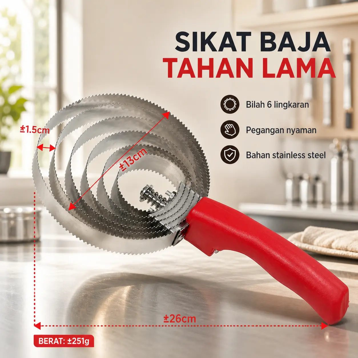 Sisir Bulu Sapi Stainless Steel 6 Lingkaran untuk Pembersih dan Perapih Bulu Ternak Pegangan Merah Panjang Sekitar 26 cm