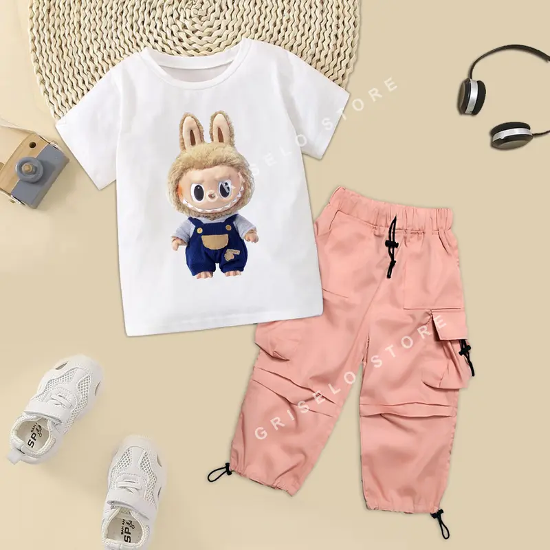 One Set Setelan Anak Perempuan Yoona Cargo Pants dan Kaos Karakter Lucu Usia 1-13 Tahun Unisex 4