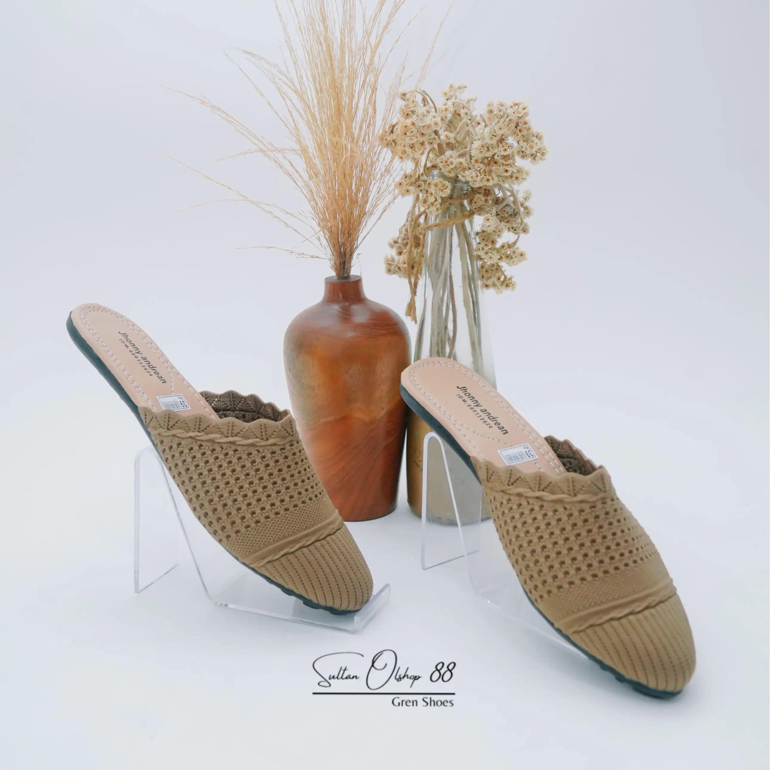 Sandal Sepatu Slip On Rajut Wanita Hak Datar Karet Kasual