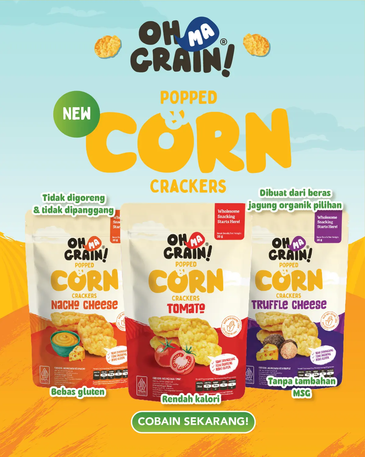 Oh Ma Grain! Popped Corn Crackers Gluten Free  No MSG ( Kerupuk Krekers Jagung Panggang ) 35g