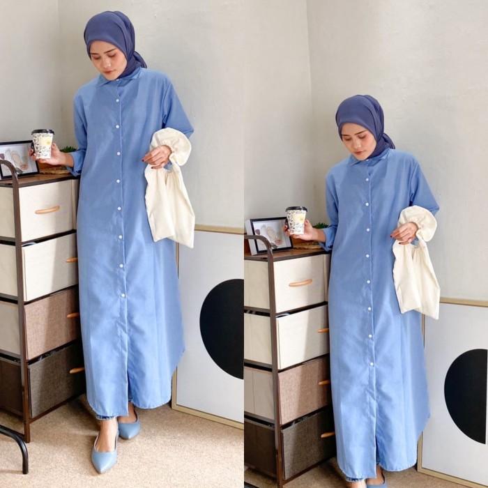 Shirt Dress Muslimah/Dress Kemeja Panjang/maxi Dress Polos kasual - denim blue, One Size 3