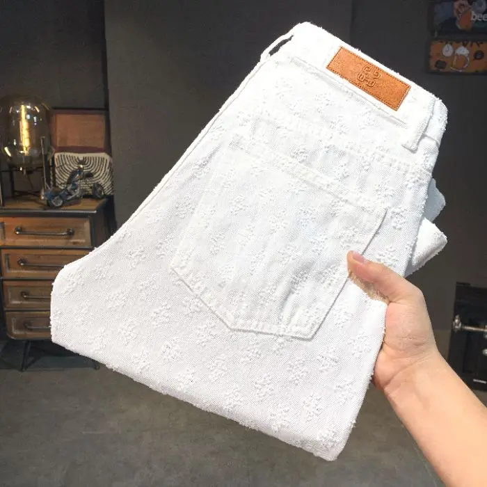 Quần jean denim, thương hiệu hợp Xu hướng phong cách mới, dáng rộng vừa vặn, ống đứng, màu trắng tinh khiết, giặt sạch, dây kéo YKK bền, Menswear, Nam, Có Túi