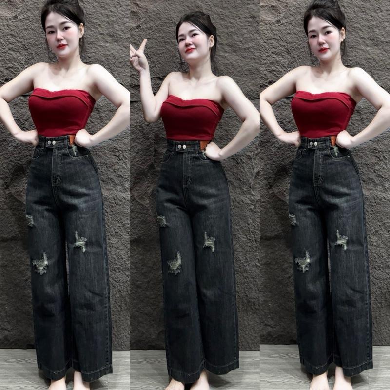 {{ 40-65kg }} Quần Jeans Xuông Lỡ [[ OX07:1862 ]] Rách Cào Cạp Lưng Hai Nút Phối Mạc Đá Bụi Rêu Women Nữ Pants