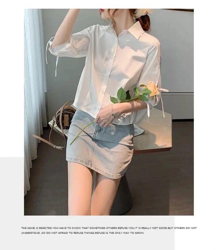 Product Introduction of Women's Chiffon Rheology Hong Kong Style Three-Quarter Sleeve Shirt 2023 New Loose Design Niche Chic Top 17