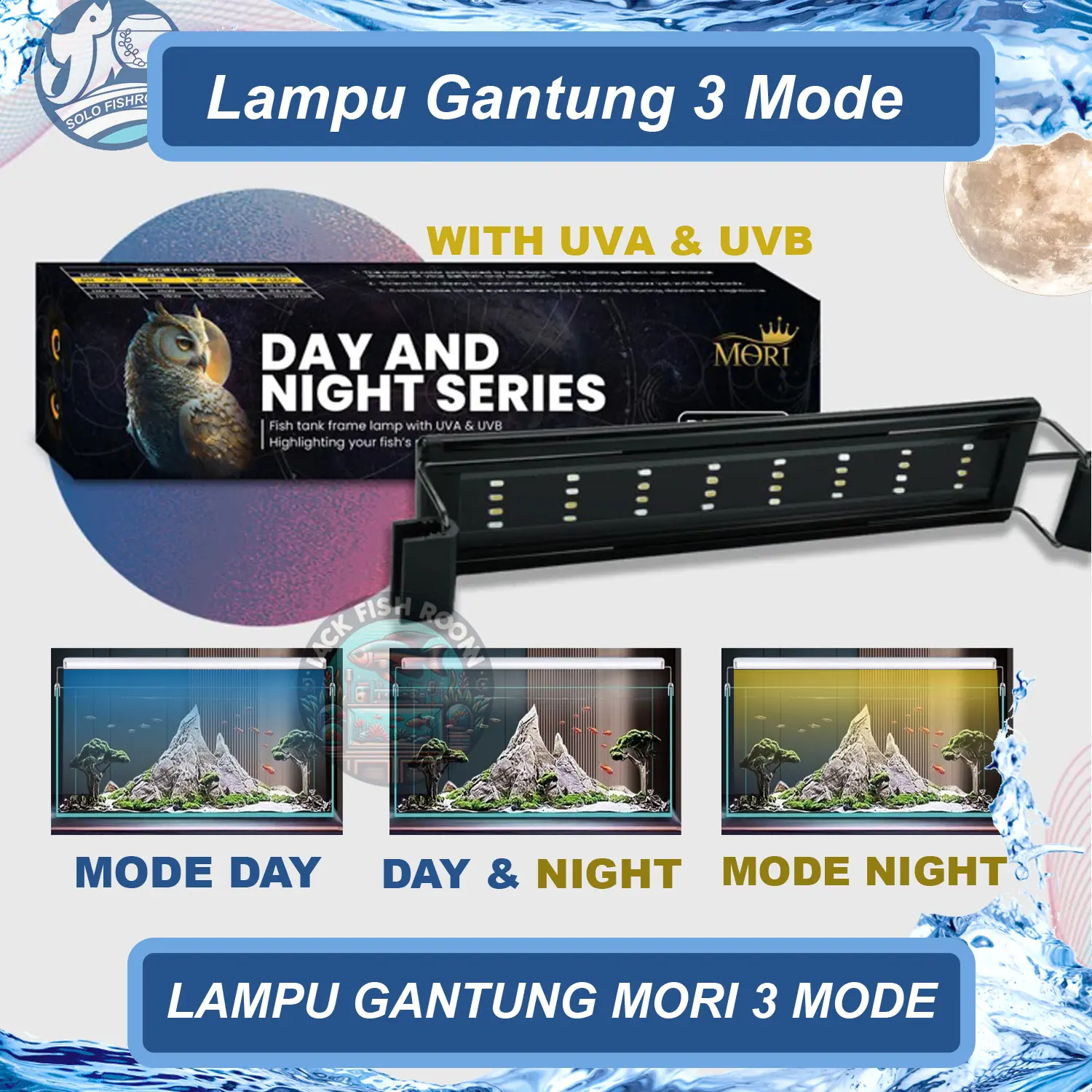 LAMPU GANTUNG AQUARIUM 3 MODE (3X GANTI WARNA) WARNA Day and Night 30/40/50/60/70/80/90/100CM