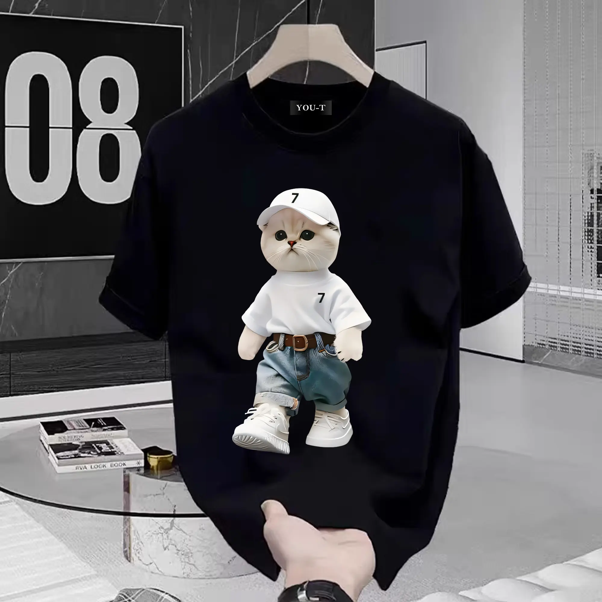DeWardrobe "Jeans white cat'' | Kaos Katun Premium Pria Wanita Unisex Lengan Pendek | Retro Streetwear Vintage Korean Style | COD